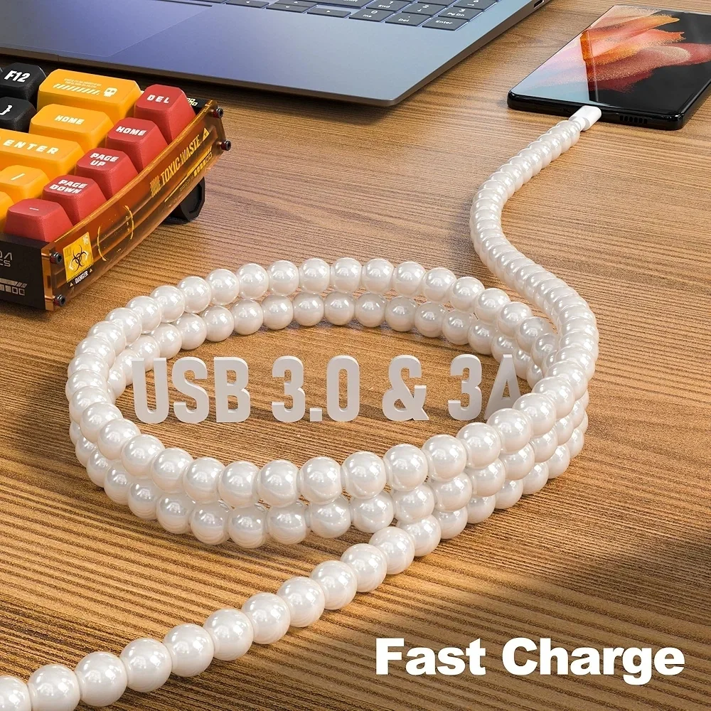DuraBling Type-C Beaded USB Cable - Silver and Pearls